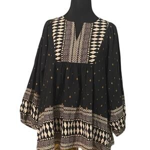 World‎ Market Boho Peasant Tunic Top S/M Black Gold Geometric Print Long Sleeve